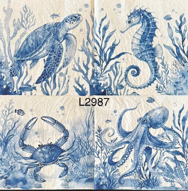Beach (L2987) - Turtle, Sea Horse, Crab, and Octopus in Blue and White