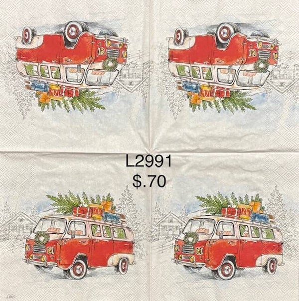 Christmas (L2991) - Red Volkswagon Bus with Christmas Tree and Presents on Roof