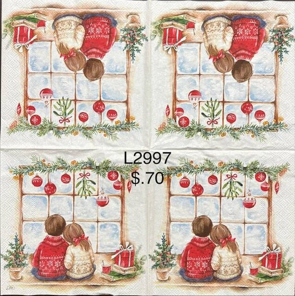 Christmas (L2997) - Little Boy and Girl Sitting by the WIndow Looking Outside