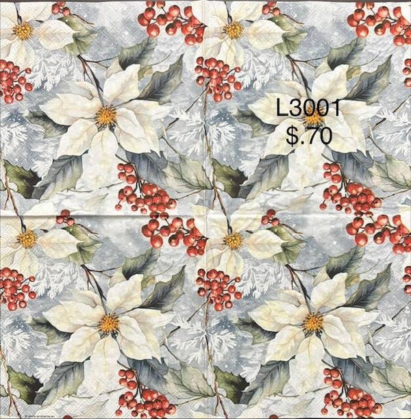 Christmas (L3001) - White Poinsettas with Red Berries