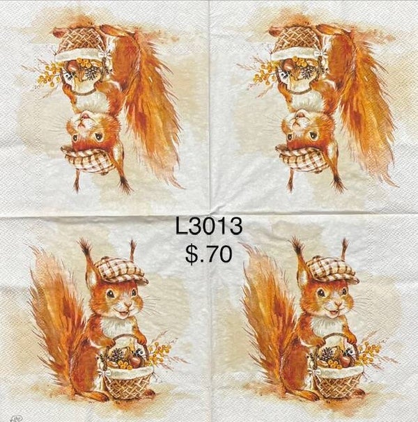 Fall (L3013) - Squirrel Wearing a Check Cap Holding a Basket of Nuts