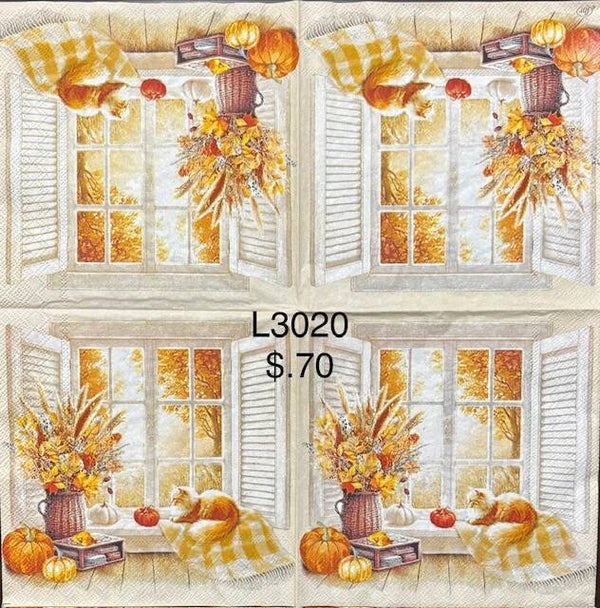 Scene (L3020) - Fall Scene with Cat Sitting By Window Surrounded by Fall Things Like Pumpkins and Blankets