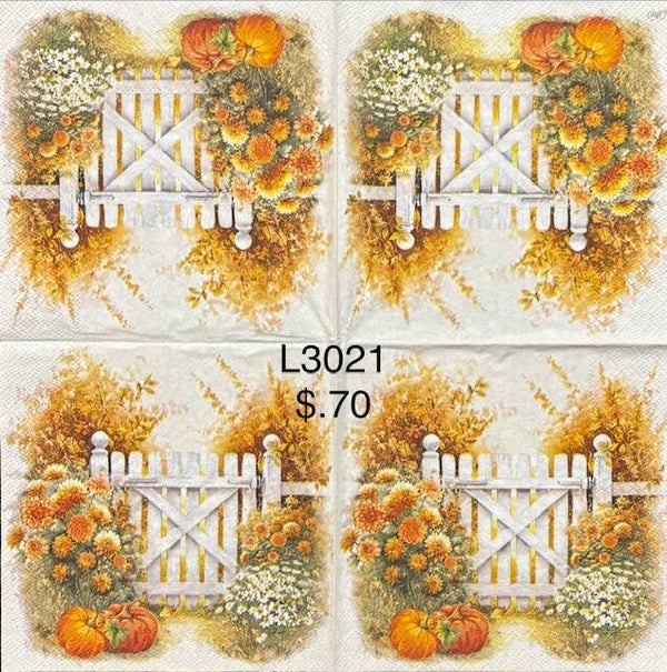 Scene (L3021) - Fall Scene with a White Picket Fence and Fall Foilage all Around