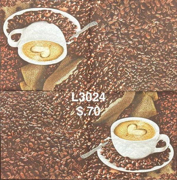 Coffee (L3024) - White Coffee Cup with Heart Shape in Creamer Surrounded by Coffee Beans
