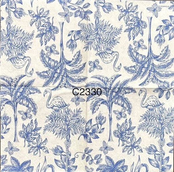 Beach (C2330) - Blue and White Palm Trees and Flamingos