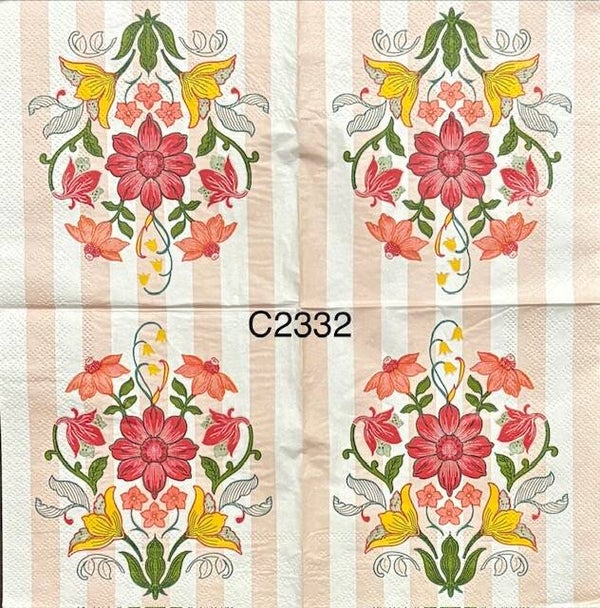 Flowers (C2332) - Pink and Yellow Flowers on a Pink and White Thick Striped Background