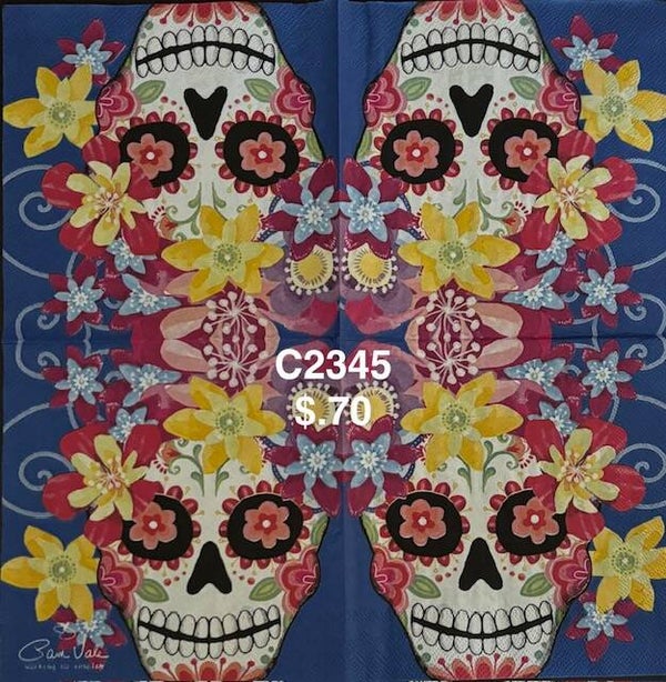 Halloween (C2345) - Skeleton with Pink Flower Eyes and Yellow Flowers on a Blue Background