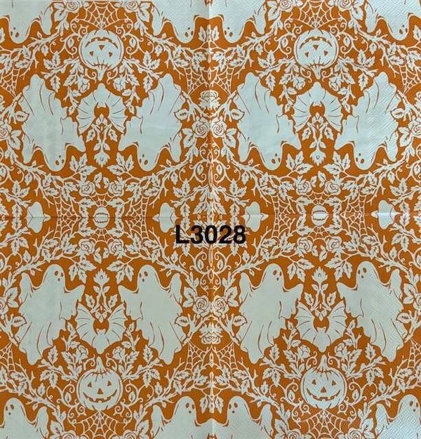 Halloween (L3028) - White Ghosts, Bats, and Pumpkins on a Orange Background