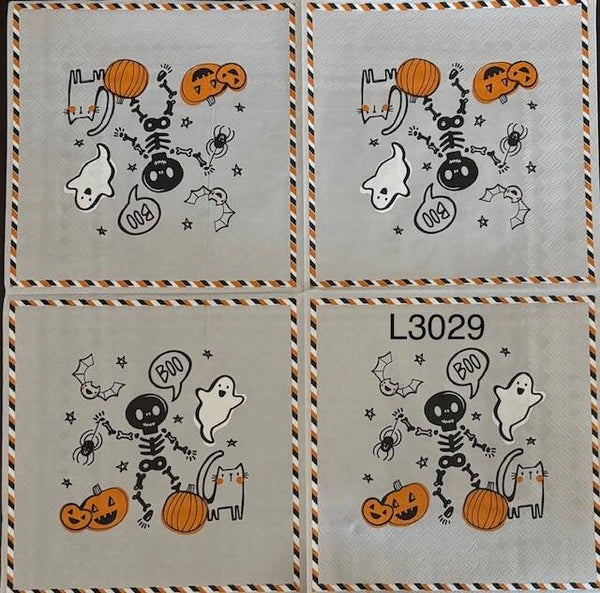 Halloween (L3029) - Skeleton, Ghosts, Cat, Bat, Pumpkins on a Gray Background