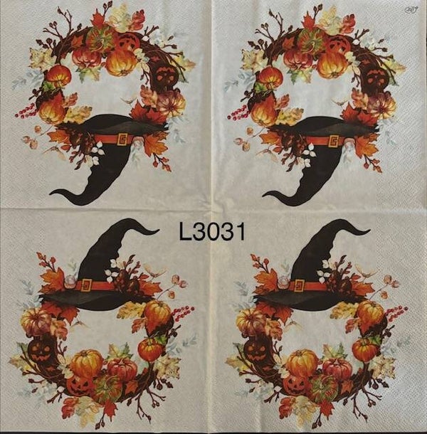 Halloween (L3031) - Fall Wreath with a Black Witches Hat on Top