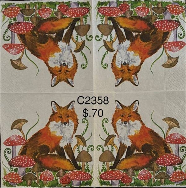 Fall (C2358) - Fox Sitting by Mushrooms