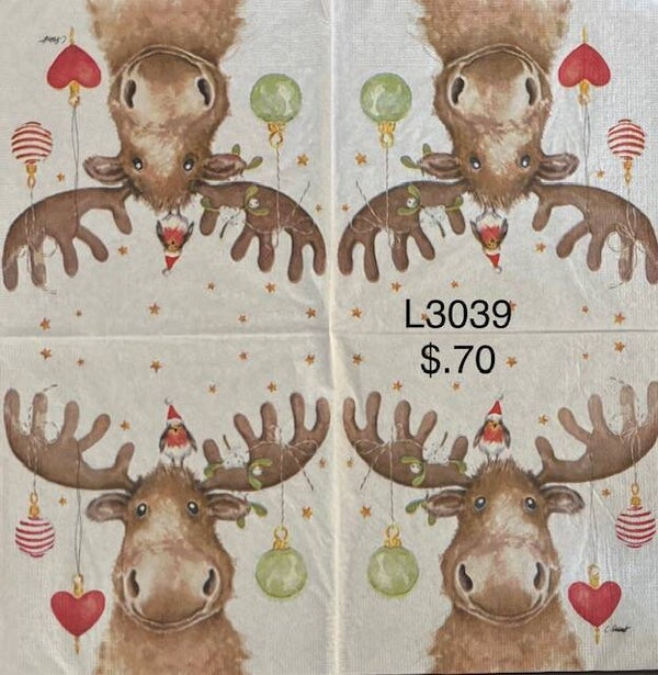 Christmas (L3039) - Reindeer with a Bird on its Head and Ornaments Hanging from Antlers