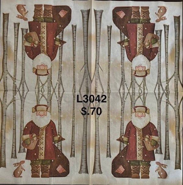 Christmas (L3042) - Vintage Looking Santa with Bunny and a Gift Bag Outside