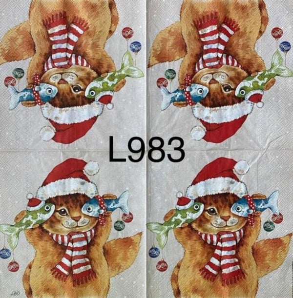 Cats (L983) - Cat with Santa Hat Holding Fish