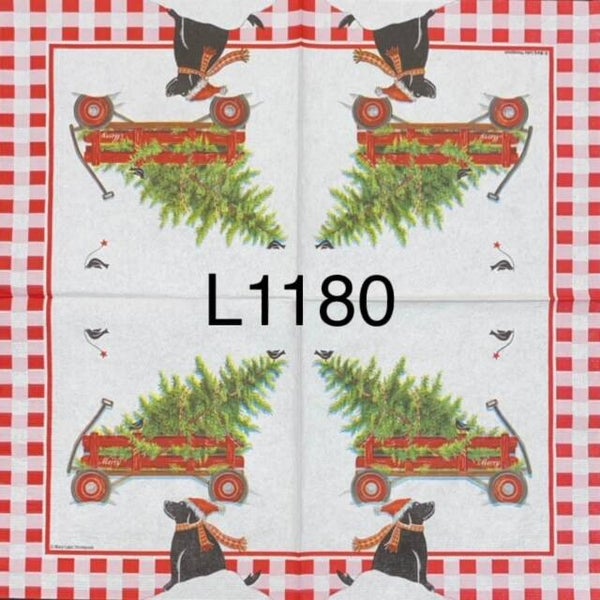 Dogs (L1180) - Red Wagon with Christmas Tree and a Black Dog