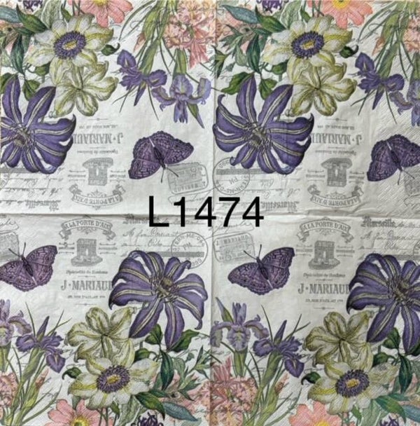 Flowers (L1474) - Purple and White Flowers and Butterflies