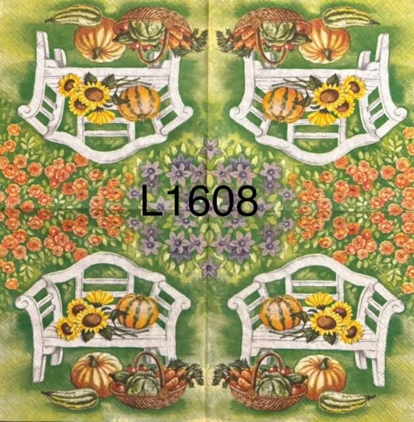 Fall (L1608) - Bench with Pumpkins and Sunflowers
