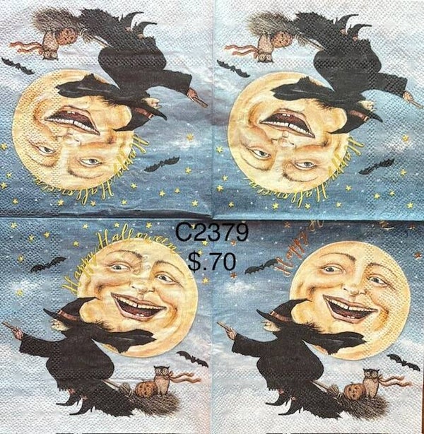 Halloween (C2379) - Witch Riding a Broom and Moon Smiling