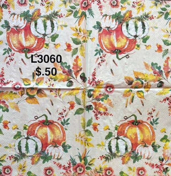 Fall (L3060) - Three Pumpkins in Different Colors with Fall Leaves Around Them