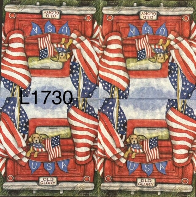 4th of July (L1730) - Red Truck with Flags and Puppy Holding Flag