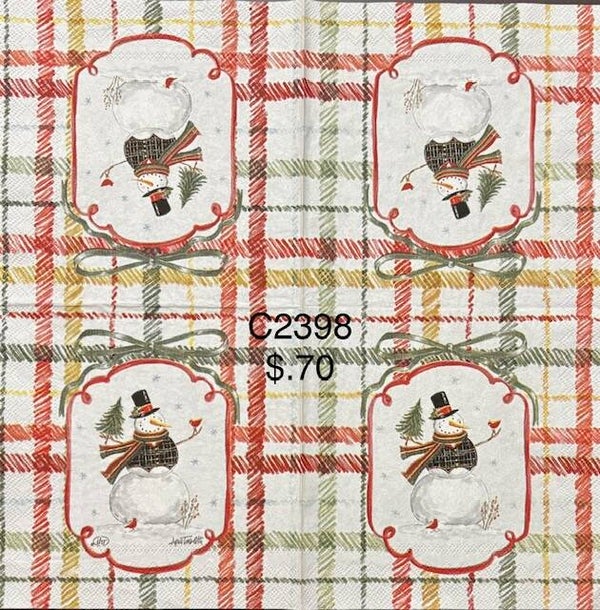 Christmas (C2398) - Snowman in a Tag with Red, Yellow, and Green Checks Behind Him