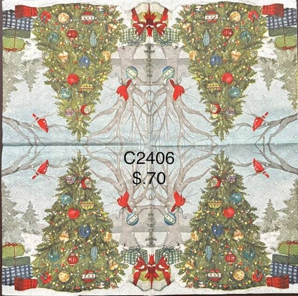 Christmas (C2406) - Christmas Tree Outdoors with Cardinals Flying Around