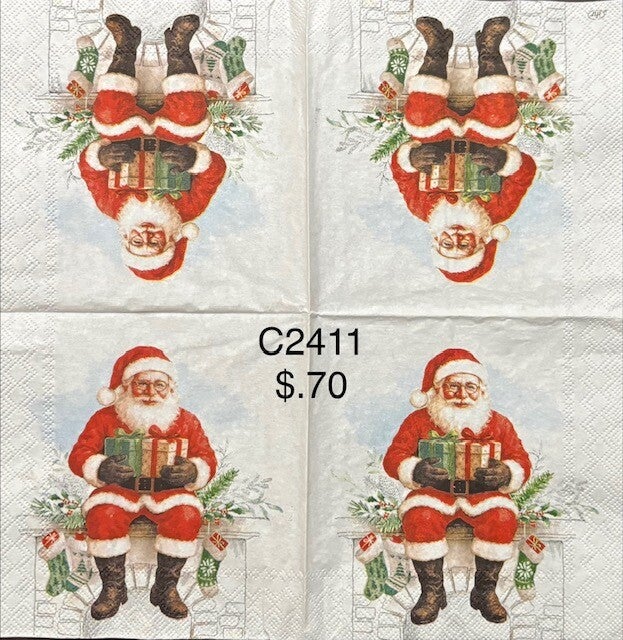 Christmas (C2411) - Santa Sitting on top of Fireplace Holding Presents