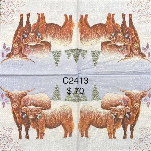 Christmas (C2413) - Highland Cows with Ornaments Hanging from their Horns