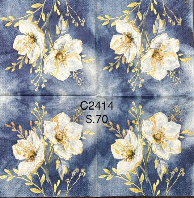 Flowers (C2414) - Blue, White, and Gold Flowers with Blue Background