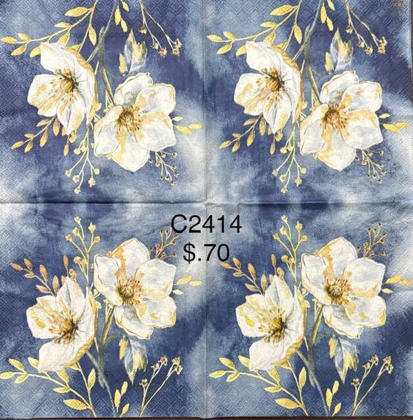 Flowers (C2414) - Blue, White, and Gold Flowers with Blue Background