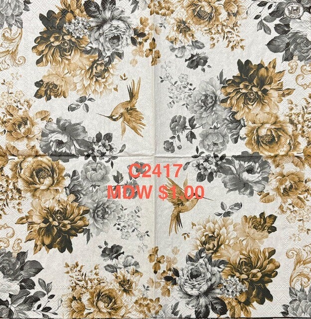 Flowers (C2417) - MDW Black, White and Gold Flowers and a Gold Hummingbird