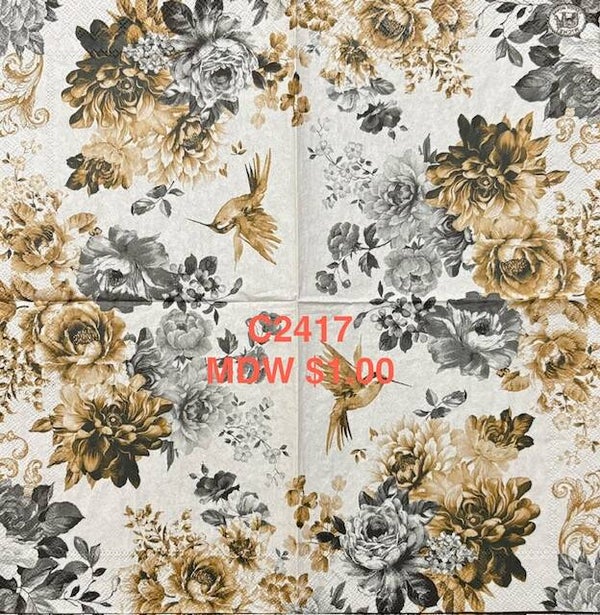 Flowers (C2417) - MDW Black, White and Gold Flowers and a Gold Hummingbird
