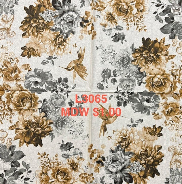 Flowers (L3065) - MDW Black, White and Gold Flowers and a Gold Hummingbird