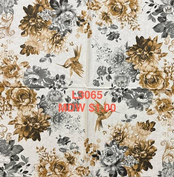Flowers (L3065) - MDW Black, White and Gold Flowers and a Gold Hummingbird