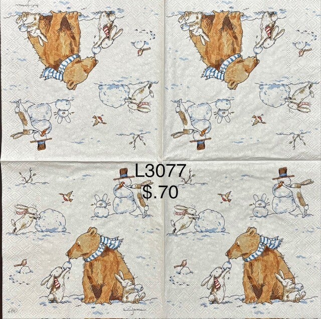 Christmas (L3077) - Bunny Giving Bear a Snow Ball, Bunny Building a Snowman, Bunny Rolling a Snowball