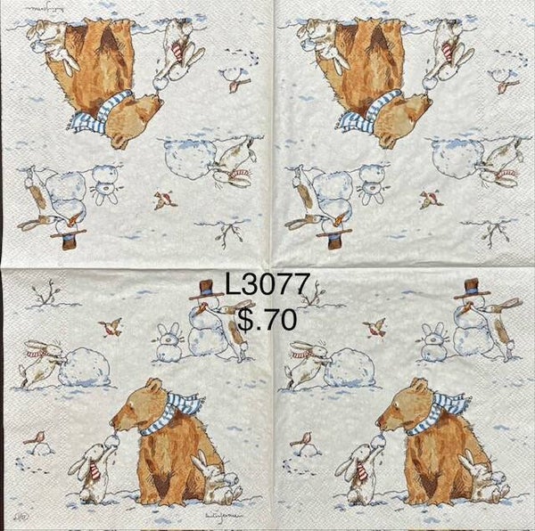 Christmas (L3077) - Bunny Giving Bear a Snow Ball, Bunny Building a Snowman, Bunny Rolling a Snowball