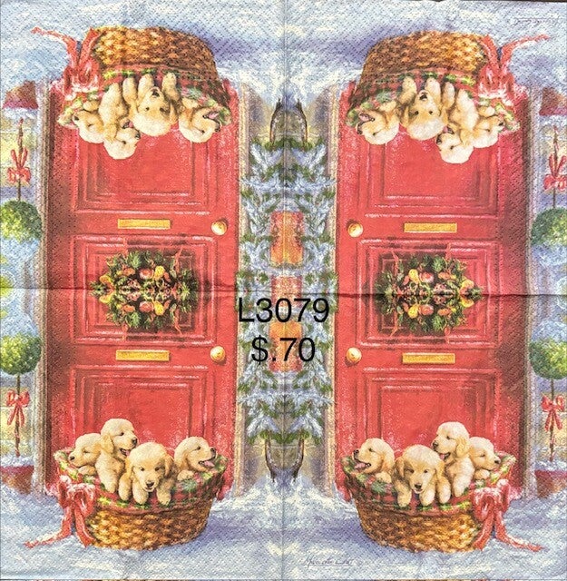 Christmas (L3079) - Basket Full of Puppies Outside of Front Door