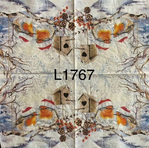 Christmas (L1767) - Robins with Santa Hats on Branch