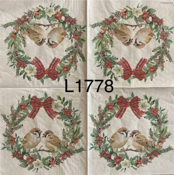Winter (L1778) - Bird Couple Sitting Inside a Pine Wreath