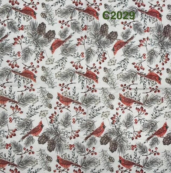 Christmas (C2029) - Cardinals on Holly and Berry Branches and Pinecones