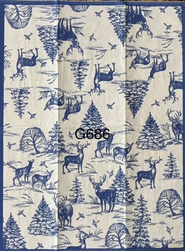 Winter (G686) - Blue and White Winter Scene Wallpaper with Deer, and Trees