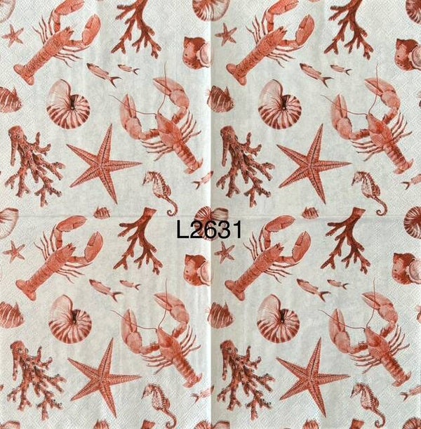 Beach (L2631) - Lobsters, Starfish, Coral, Shells and Fish All in Red Wallpaper