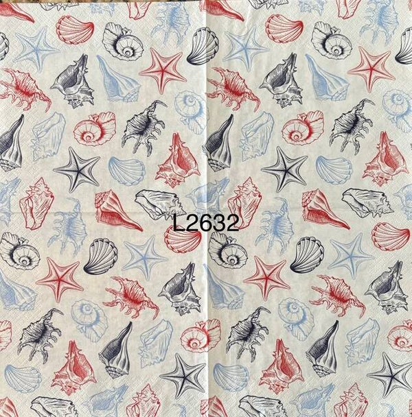 Beach (L2632) - Starfish, Conch Shells, and Other Shells Wallpaper in Blues and Reds