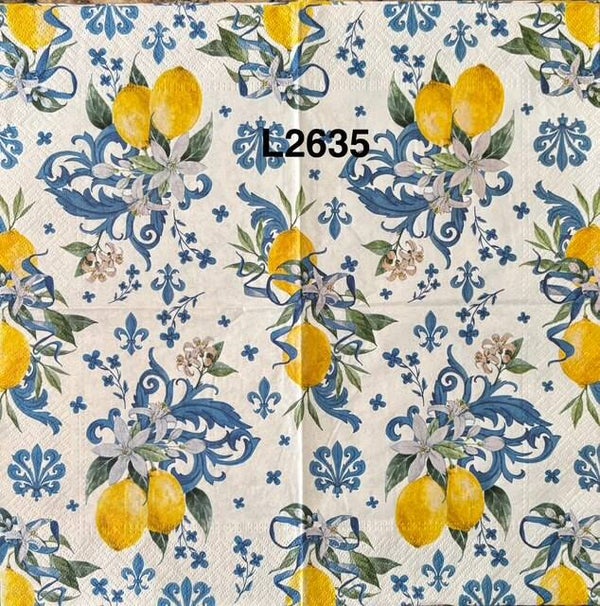 Fruit (L2635) - Lemons on Blue Ornaments Wallpaper