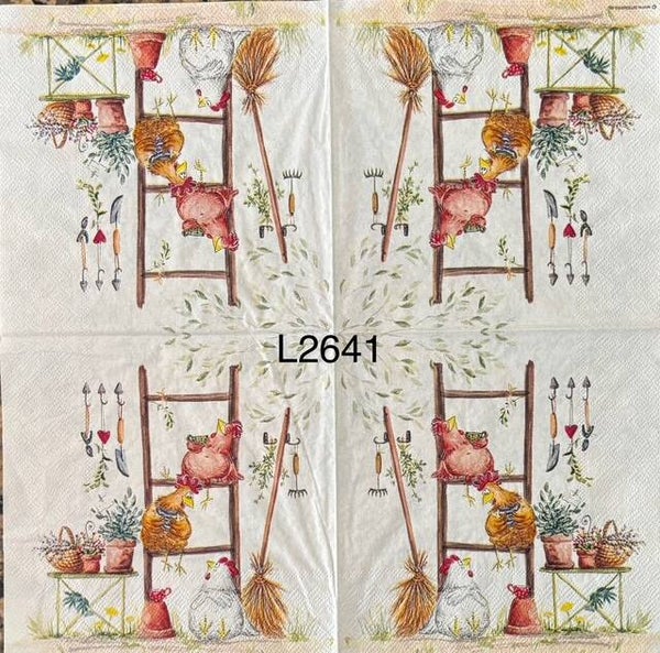 Chickens (L2641) - Chickens Sitting on a Ladder Having Coffee/Tea (Break Time)