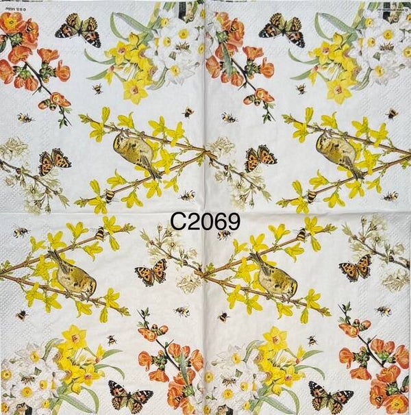 Flowers (C2069) - Yellow Flowers with Birds and Butterflies and Bees