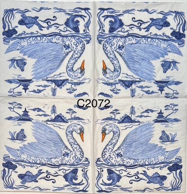 Birds (C2072) - Blue and White Swan with Blue and White Koi Fish and Island