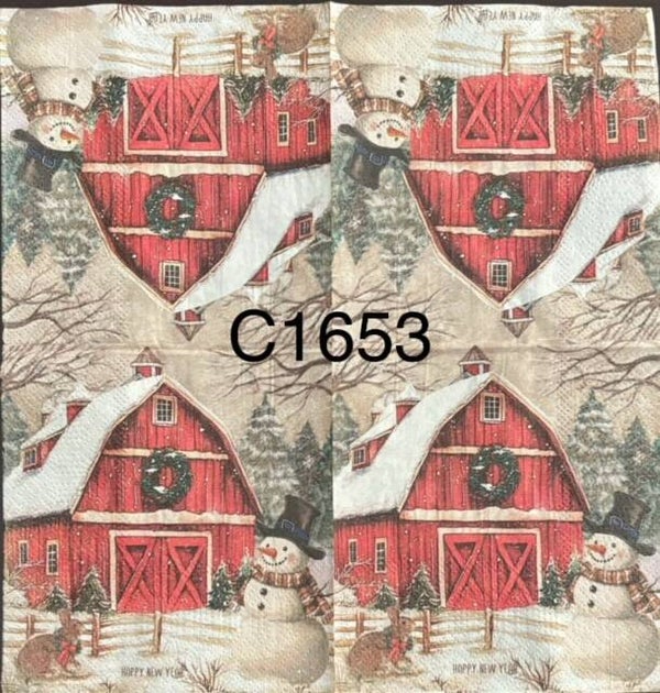 Christmas (C1653) - Red Barn with Snowman and Bunny