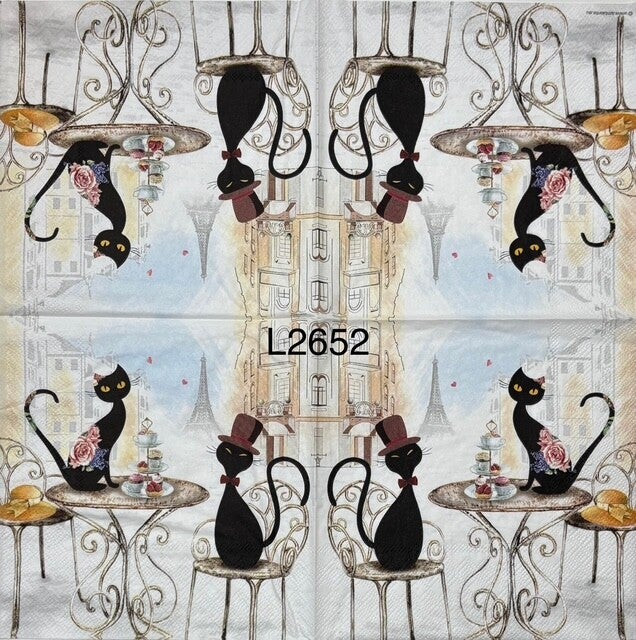 Cats (L2652) - Two Black Cats Sitting at a Table in a Paris Cafe