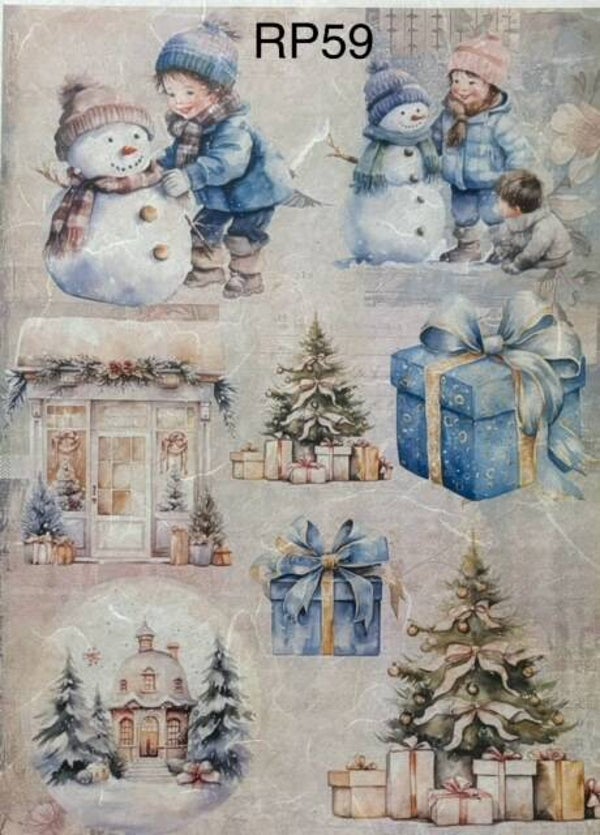Christmas (RP59) - Blue Presents, Snowman with Boy in Blue, Christmas Tree